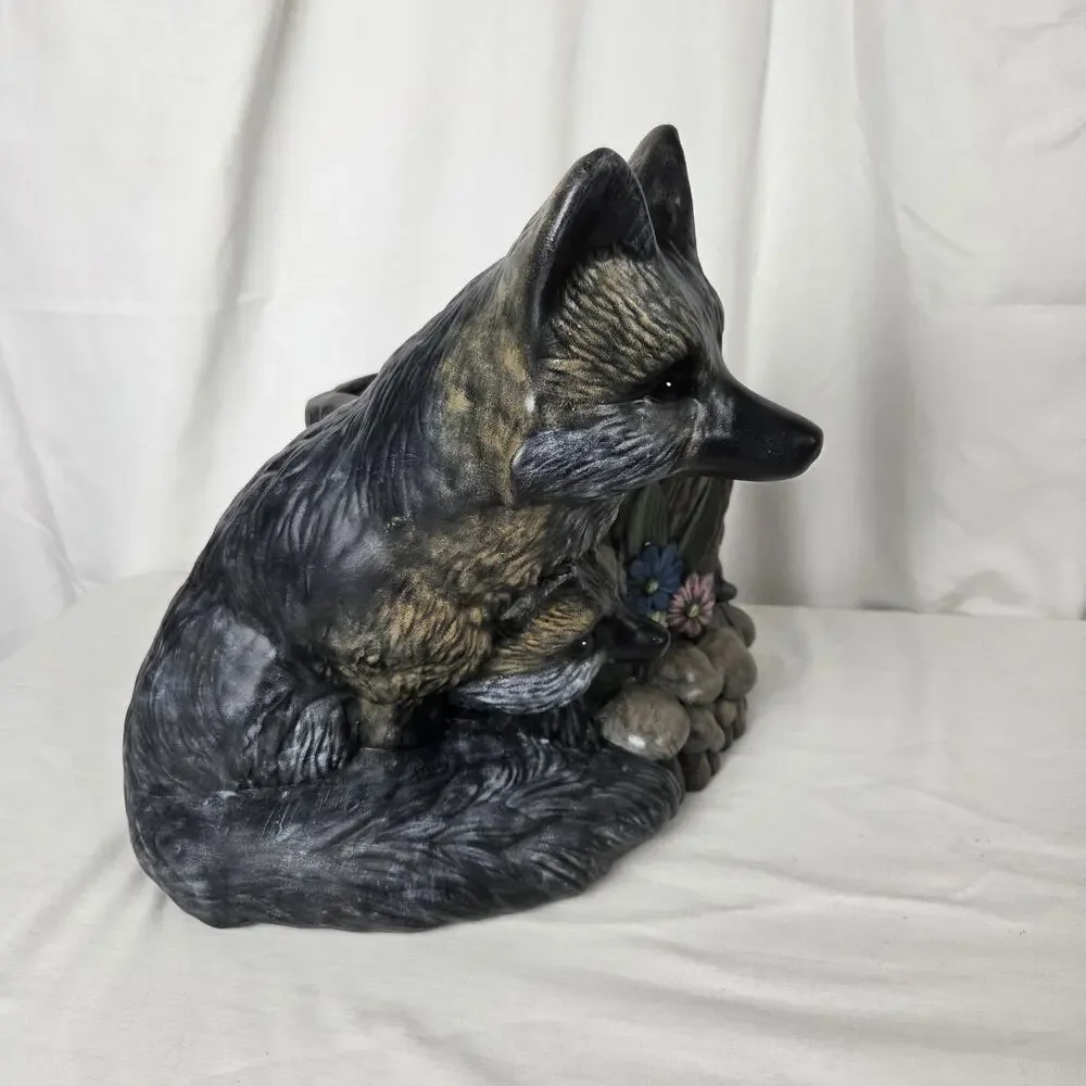 Vintage Woodland Fox & Kit Tree Stump Planter Ceramic Pot Decorative Art